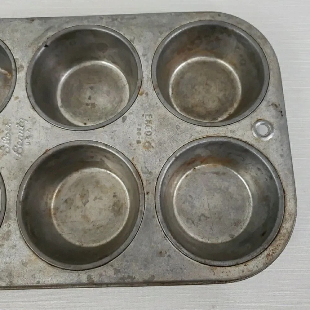 Ekcology T60.6 Silver Beauty Muffin Tin 6 Cups VTG USA Bakeware Primitive MCM